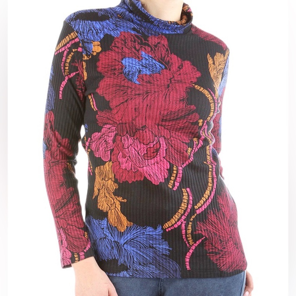 Desigual Stretch Ribbed Knit Turtleneck Size Large Fuchsia Blue Floral